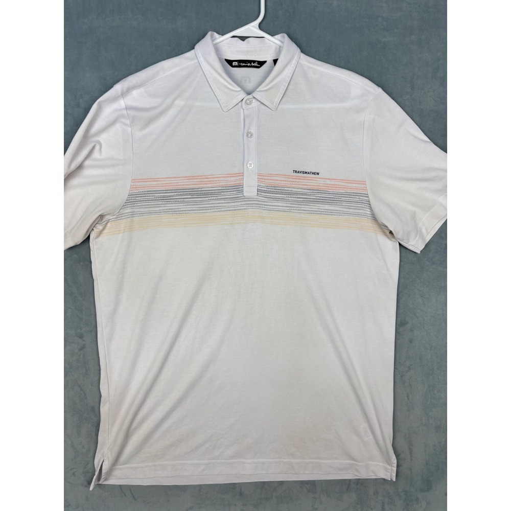 TravisMathew Mens XL White Striped Short Sleeve Golf Polo Shirt Breathable Top